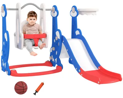 Image de AIYAPLAY Toboggan pour enfants 4 en 1 avec balançoire, échelle d'escalade et panier de basket, pour les enfants de 18 à 48 mois, couleur bleu foncé
