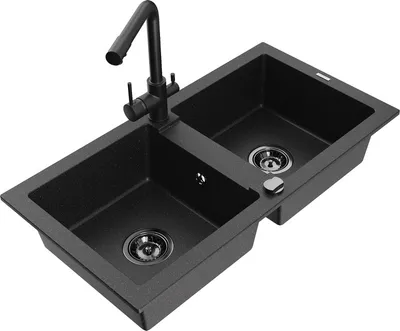 Produktbild von Mexen Mario 2-Becken-Granitspüle mit Mischbatterie Duero, Schwarz/Silbermetallic - 6504-73-671600-70-B
