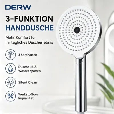 Produktbild von DERW Handbrause 3-in-1 Chrom, Duschkopf mit Tastenumschaltung, Silikondüsen Anti-Kalk, 3 Strahlarten (Regen Massage Spray), Standard G1/2