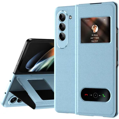 Obrázek produktu pro Slim flipové kožené pouzdro pro Samsung Galaxy Z Fold 5, s okénkem pro zobrazení a funkcí stojánku Liči modré