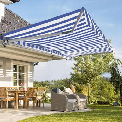 Immagine prodotto di Izrielar 300x250 cm Tenda da sole Tenda da sole a braccio articolato Tenda da sole in alluminio Tenda da sole con manovella Tenda da balcone Protezione solare Blu Bianco
