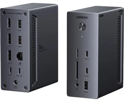 Produktbild von Dockingstation 14-in-1 mit 2x USB-C 10Gb/s, 3x USB-A, 2x Display Port 4K/120Hz, HDMI, RJ45 1Gb/s, Ugreen CM843, Schwarz