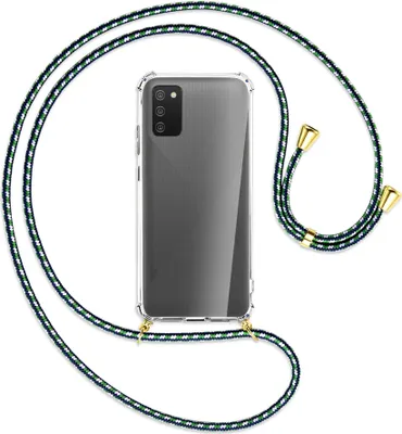 Produktbild von Handykette Backcover-Schutzhülle mit Band (Metall goldfarben) für Samsung Galaxy A02s - grün/blau/weiß