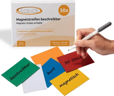 Produktbild von ECENCE 30 Magnetstreifen beschreibbar - 100mmx70mm bunt - zuschneidbare Haftstreifen - abwischbare