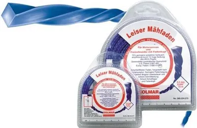 Two packages of blue nylon trimmer line for a string trimmer, with a sample of the line shown above.