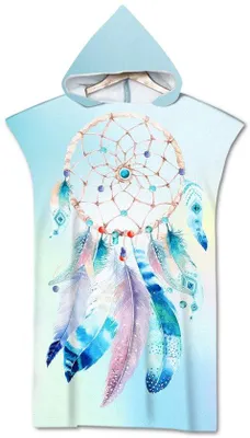 Produktbild von Rowjoy Strandlaken-Poncho, Surfponcho für Damen und Herren, Strandtuch aus Mikrofaser mit Feder-Design, Bademantel mit Kapuze, schnelltrocknend