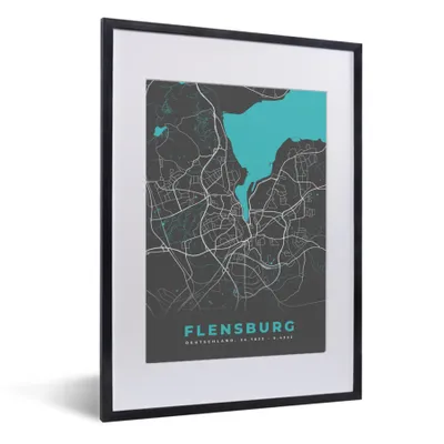 Produktbild von MuchoWow® Gerahmtes Poster Stadtplan - Karte - Deutschland - Blau - Flensburg - Karte 30x40 cm - Poster mit Schwarzem Bilderrahmen Wandposter Rahmen Foto Bilder - Wandposter Schlafzimmer