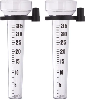 Immagine prodotto di Set di 2 pluviometri Relaxdays, con supporto, misuratori di precipitazioni da giardino, ampio display 35 mm/m², plastica, trasparente