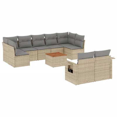 Produktbild von vidaXL 10-tlg. Garten-Sofagarnitur mit Kissen Beige Poly Rattan