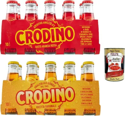 Produktbild von Crodino Testpaket, biondo und arancia rossa, Crodino 20x 100 ml Aperitif bitter, Italienischer nicht -alkoholischer Aperitif bereit zu trinken + Italian Gourmet polpa 400g