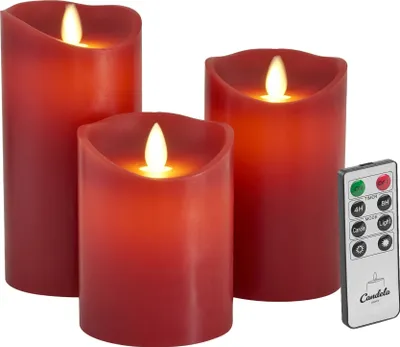 Produktbild von Candela Lights LED Kerzen 3er Set Stumpenkerze Rot Echtwachs mit Fernbedienung Timer Funktion & mehrstufig dimmbar bewegliche Flamme Echtwachskerzen