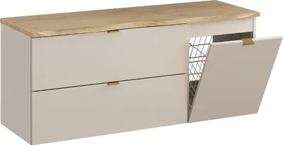 Produktbild von Badezimmer Waschtischunterschrank mit 120 cm Breite in kaschmir & Eiche mit Baumkantenoptik, 2 Schubladen & Wäschekorb - DURANGO-56