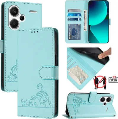 Produktbild von Leder Hülle für Xiaomi Redmi Note 13 Pro+ Süße Katze Flip Case Brieftasche Schutzhülle mit Standfunktion hellgrün