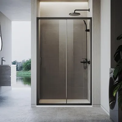 Produktbild von SONNI 100 x 185 cm Duschkabine in Mattschwarz, Schiebetür,obere und untere Schiene, 5 mm graues Glas, Türrahmen mit -20 mm Verstellposition