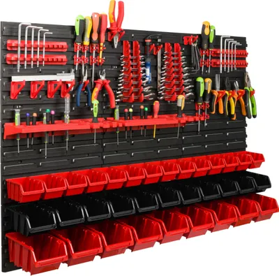 Zdjęcie produktu dla System magazynowy Regał warsztatowy | 117 x 78 cm | 34 szt. Pudełko | Regał ścienny z uchwytami na narzędzia i pojemnikami do układania w stosy - Płyty ścienne Bardzo wytrzymały regał z przegródkami Ściana perforowana Regał magazynowy Regał garażowy