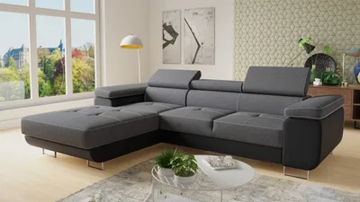 Produktbild von Ecksofa Divo mit einstellbare Kopfstützen und Schlaffunktion, Couchgarnitur, Sofagarnitur, Couch, Schlafsofa (Schwarz + Dunkelgrau (Soft 011 + Sawana 05), Ecksofa Links)