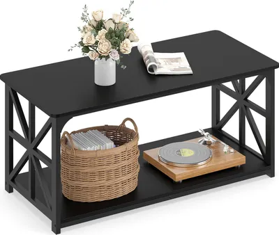 Produktbild von COSTWAY Couchtisch, industrieller Bauernhaus-Akzenttisch mit offenem Ablagefach, 2-stufiger rechteckiger Kaffeetisch mit Metallrahmen, 109x50x48 cm