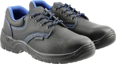 A pair of black leather safety shoes with blue accents.