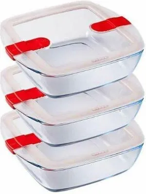 Produktbild von Cook & Heat Quadratische Schüssel mit mikrowellenfestem Deckel - 3er-Set - Glas - Pyrex