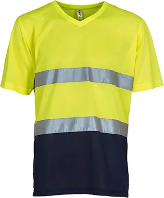 Produktbild von YOKO HVJ910 | Herren Hi Vis Top Cool Super Light V-Neck Arbeits T-Shirt - Farbe: Hi-Vis Yellow/Navy - Größe: XXL