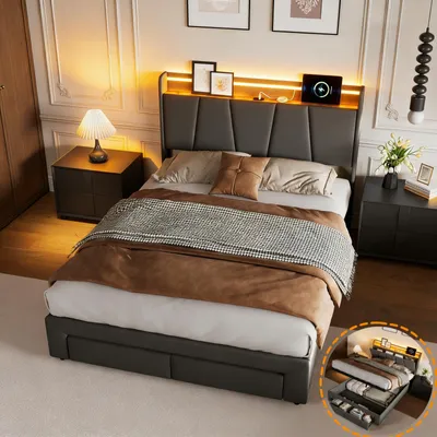 Productafbeelding van INONEFT gestoffeerd bed 140x200 cm met opbergruimte, eenpersoonsbed met ladefunctie (USB & Type-C), boxspringbed met LED-verlichting en lattenbodem, linnen, grijs