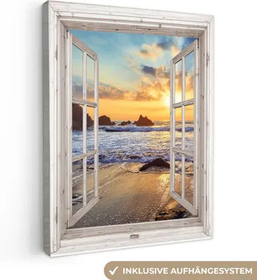 Produktbild von MuchoWow® - Leinwandbilder - Strand - Aussicht - Sonnenuntergang - Landschaft - Meer - Natur, Wandbild, Wanddeko Bilder Wohnzimmer, 60x80 cm