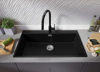 Produktbild von PRIMAGRAN Spülbecken Alles Schwarz 88x50cm, Granitspüle 1 Becken + Ablauf-Set + Schneidebrett, Küchenspüle ab 90er Unterschrank - Oslo