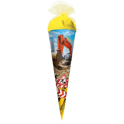 Produktbild von ROTH Geschenk-Schultüte klein Achtung Bagger 50 cm rund Tüllverschluss Zuckertüte Schulanfang
