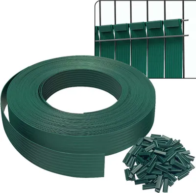 A roll of green PVC screening material for fences, along with a pile of green clips, and an inset image showing the screening installed on a fence.