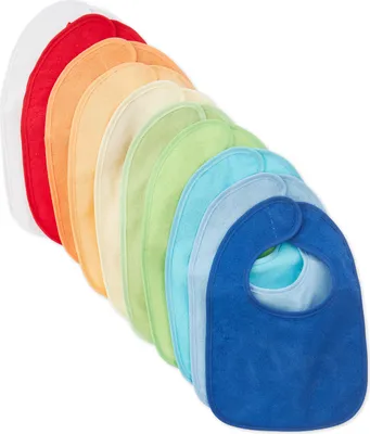 A set of baby bibs arranged in a rainbow pattern.