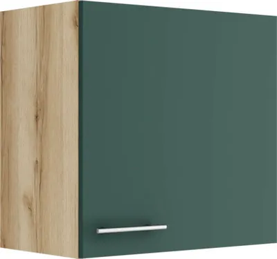 A single kitchen cabinet with a wood-grain side and a green front.