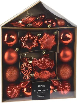 Produktbild von Set aus 32 Christbaumkugeln mit rotem Stern und Bonbonverzierungen