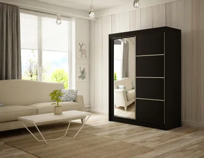 Obrázek produktu pro Šatní skříň Padwa 150 cm včetně 2 posuvných dveří se zrcadlovou tyčí na šaty Šatní skříň s dodávkou až k vám domů (barva: černá)