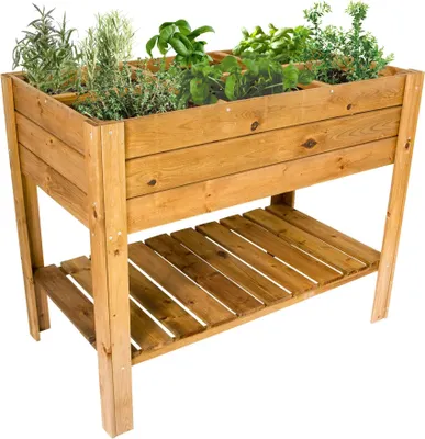 Produktbild von Hochbeet aus Holz mit Ablage, Pflanzkasten 110 x 60 cm, Kräuterbeet mit 6 Pflanzzonen