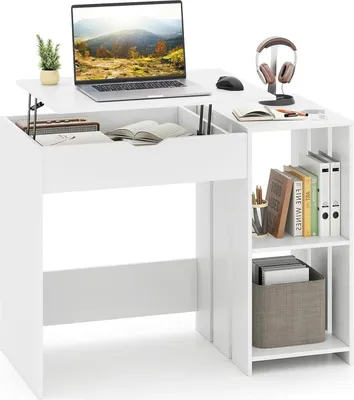 Immagine prodotto di Scrivania - Scrivania per bambini e computer - Piano ribaltabile - Estensibile - 2 scomparti aperti - Legno - Bianco