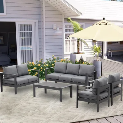Produktbild von MeXo von GLP HOME  Lounge Gartenmöbel aus Aluminium, Gartenlounge Set für 5-7 Personen, (Spar-Set, Essgruppe 4-5-tlg., 1x3er-Sofa, 1xEinzelsessel, 1x2er Sessel, 1xTisch), Sitzgruppe, Balkonmöbel, Sitzgarnitur Wetterfest für Indoor Outdoor