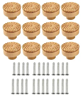 Imagen del producto de Juego de 6 botones de ratán, 40 mm, para armarios, diseño de ratán. Incluye tornillos de 25 mm. Estilo bohemio