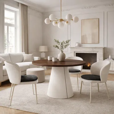 Image de Table ronde à rallonge pour salle à manger, CORTIC BIS, style loft, scandinave, diamètre : 120/196 cm, couleur : Franklin/cachemire