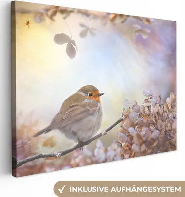 Produktbild von MuchoWow® - Leinwandbilder - Vogel - Zweig - Blätter - Abstrakt, Wandbild, Wanddeko Bilder Wohnzimmer, 80x60 cm