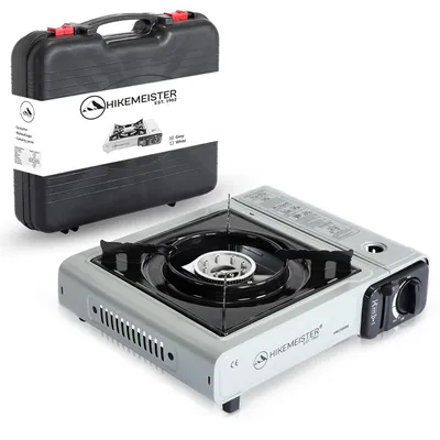 Produktbild von Hikemeister® Campingkocher Gas – Tragbarer Gaskocher 2200W mit Koffer – Camping Gasherd Outdoor Butan Kocher für Campingurlaub, Balkon & Garten - Grau