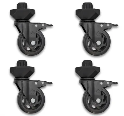 Four black casters with locking mechanisms are arranged in a two-by-two grid against a white background.