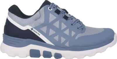 A side view of a blue and navy women's walking sneaker with a white sole.