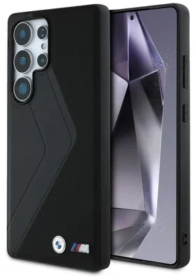 Obrázok produktu pre Kožené puzdro BMW s výraznými pruhmi a technológiou MagSafe pre Samsung Galaxy S25 Ultra, čierna farba (BMHMS25L24PUOCSK)