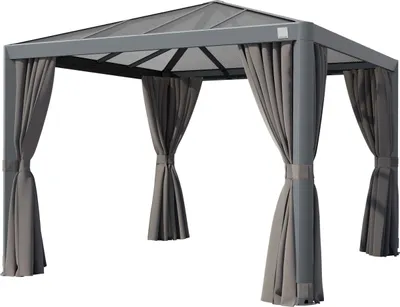 A gray gazebo with curtains, shown from a slightly angled front view against a white background.
