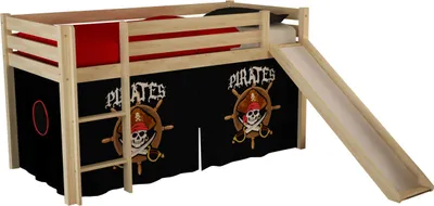 Produktbild von Vipack Spielbett Pino mit Rutsche und Textilset "Pirates" - Kiefer massiv natur lackiert, Maße: 210 cm x 114 cm x 218 cm; PICOHSGB1077