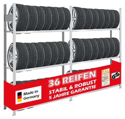 Produktbild von Reifenregal TIRE PRO  Germany | Komplettregal | HxBxT 200x300x43cm | 150kg Fachlast | bis zu 36 Reifen auf 3 Ebenen | Verzinkt