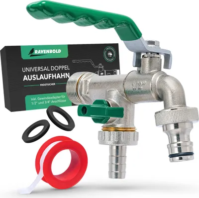 Produktbild von RAVENBOLD Wasserhahn Garten 1/2 Zoll - Premium Doppel Kugelhahn - Wasserhahn aussen für Gartenregentonne & Bewässerungssystem - Gartenwasserhahn 3/4 Zoll Adapter & Doppel Kugel Auslaufventil NS