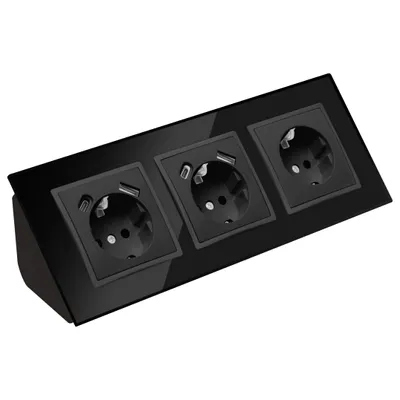 Produktbild von Glas Ecksteckdose 3-fach Steckdose mit USB und USB-C und Schuko Steckdose Steckdosenblock 45° Verteilerdose schwarz.