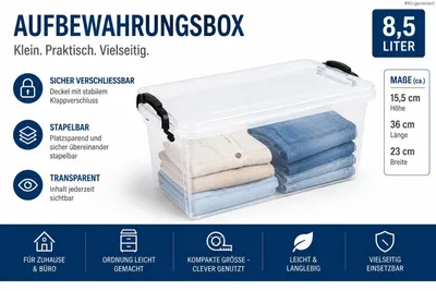 Produktbild von Kunststoff Aufbewahrungsbox mit Deckel und Klappverschluss - 8,5 Liter