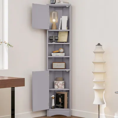 Produktbild von Dreieckiger Badezimmerschrank, Schrank mit offene Ablagefächer, Doppeltüren, verstellbare Einlegeböden,36.5 x 24.5 x 170cm
